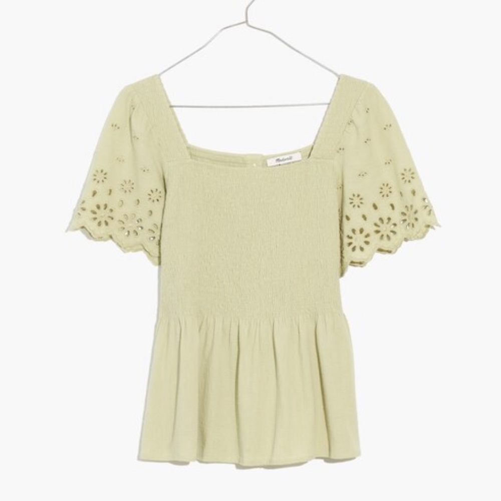 Madewell Lucie eyelet smocked peplum top in sage green